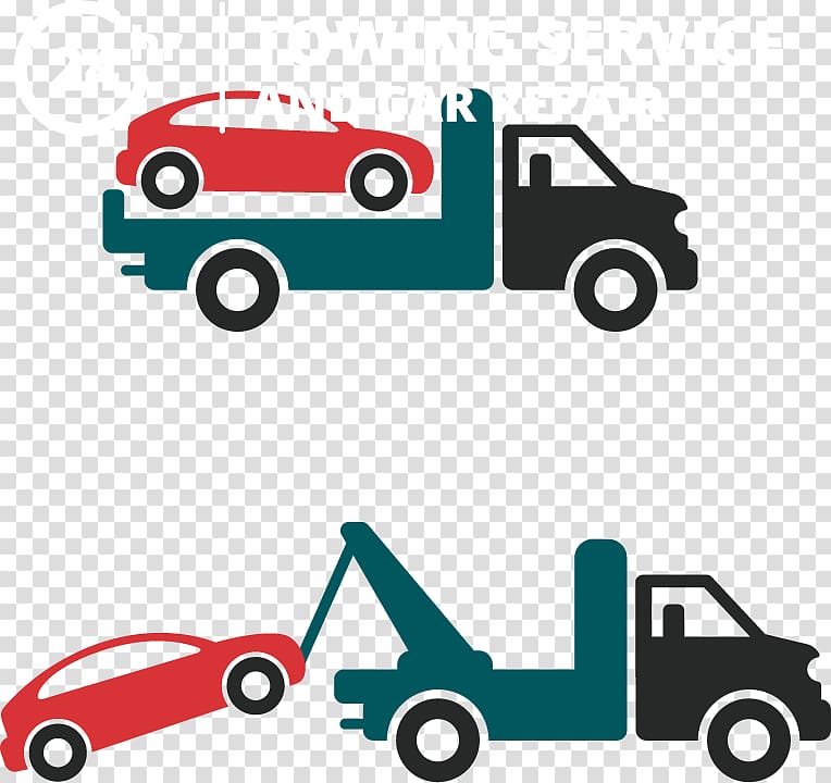 Two illustrated tow trucks: one carrying a red car on a flatbed, the other lifting a red car with a crane arm.