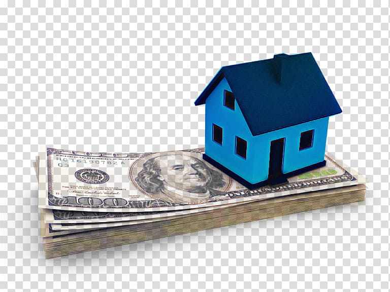 Blue miniature house model placed atop a stack of US $100 bills, symbolizing real estate finance and home affordability.