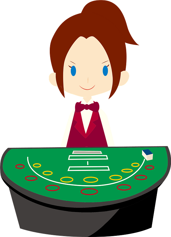 Female casino dealer smiling behind a green blackjack table with betting circles and card shoe.