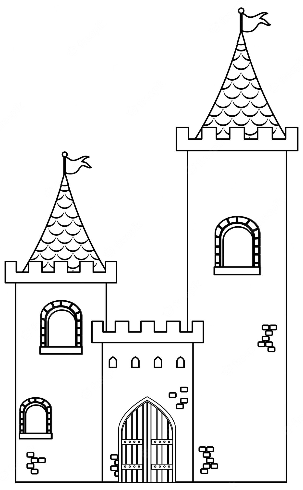 Black-and-white line drawing of a fairy-tale castle with two towers, arched windows, a pointed roof with flags, and a wooden gate.