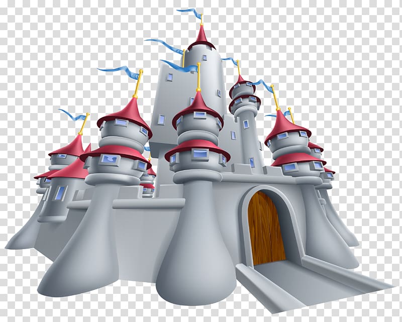 A whimsical cartoon-style fairy tale castle with gray stone towers, red conical roofs, blue flags, and a wooden arched entrance.