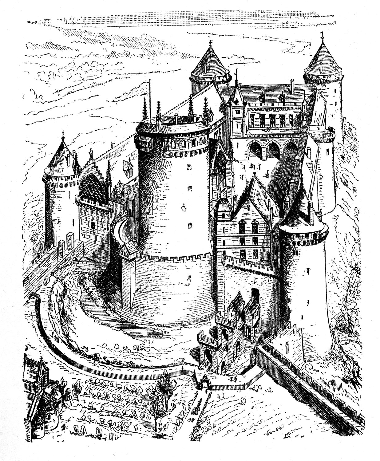 Historical Engraving of a Medieval Castle - Architecture & Defense Features