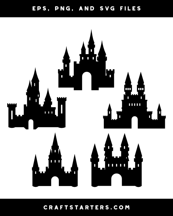 Five black silhouette castle designs in EPS, PNG, and SVG formats for crafting and digital projects.