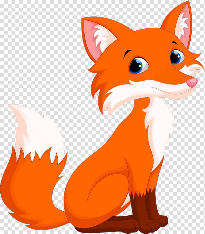 Cute cartoon red fox sitting with big blue eyes, white chest and fluffy tail on transparent background.