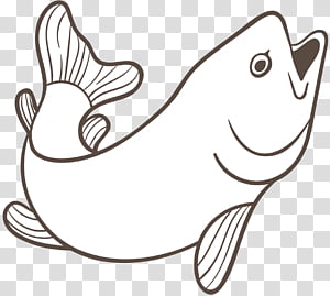 Smiling cartoon fish with fins and tail, outlined in brown on transparent background.