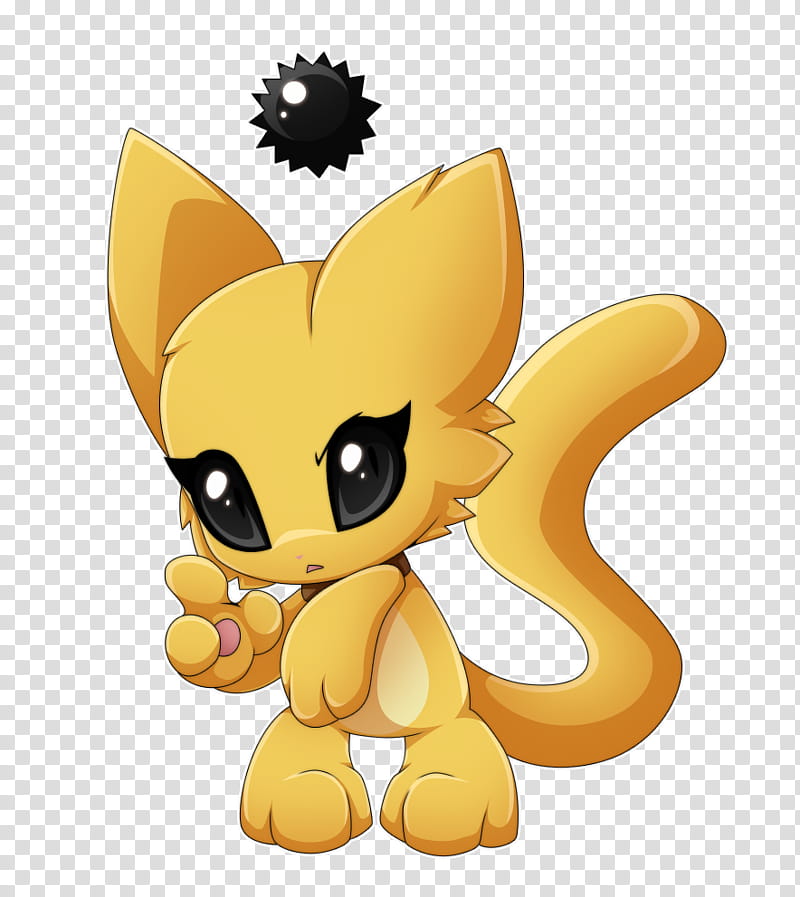 Chibi-style golden fox creature with large eyes, raised paw, and floating black spiky orb above head.