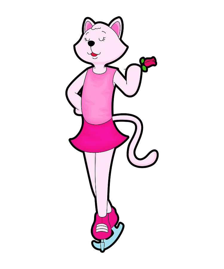Pink cartoon cat in a ballet outfit ice skating while holding a rose.