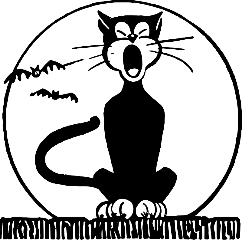 Black silhouette of a hissing cat inside a circle with bats and stylized text below.