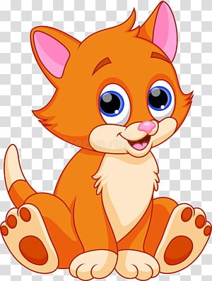 Cute orange cartoon kitten sitting with big blue eyes and a happy smile.