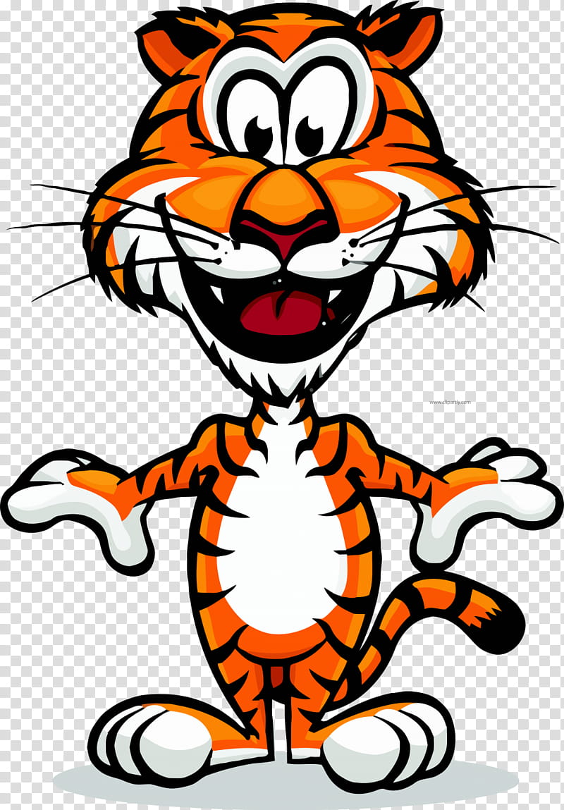 Cheerful cartoon tiger with orange stripes, wide smile, and outstretched arms on transparent background.