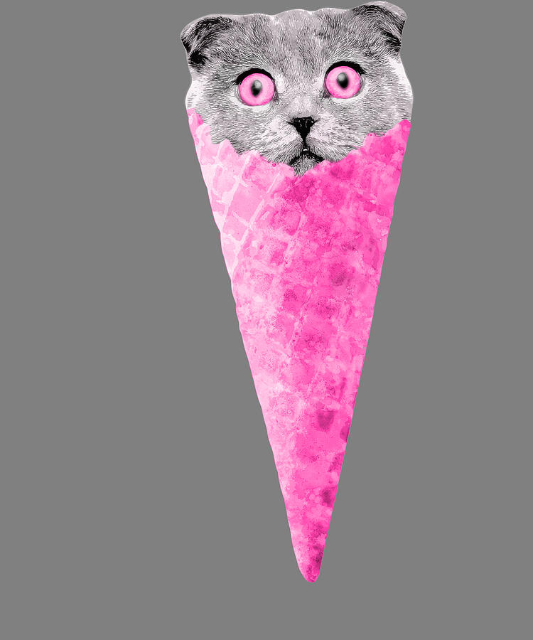 A gray cat with bright pink eyes peeks out from a vibrant pink ice cream cone against a neutral gray background.