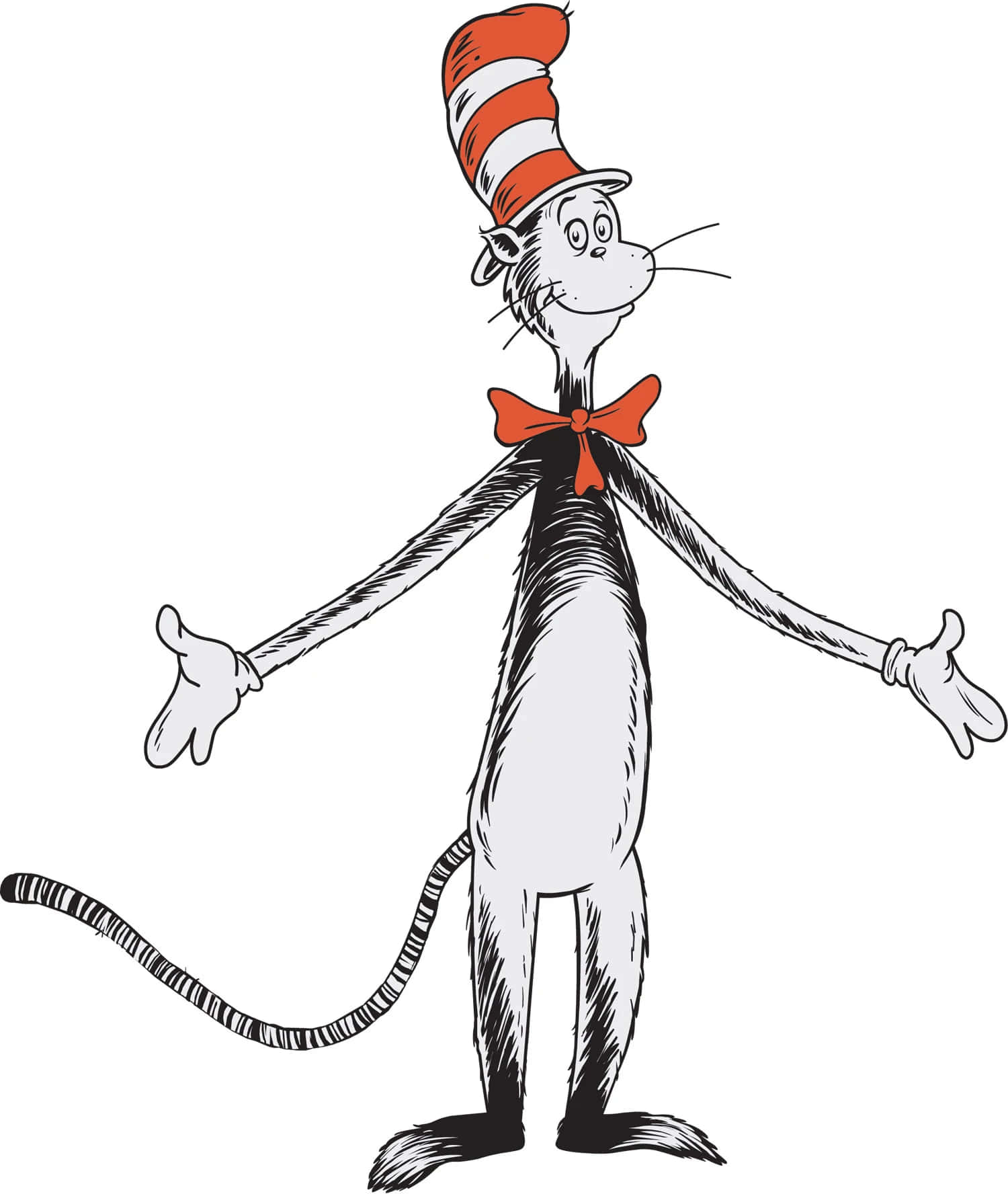 The Cat in the Hat standing upright, wearing his iconic red-and-white striped hat and orange bow tie, arms outstretched.