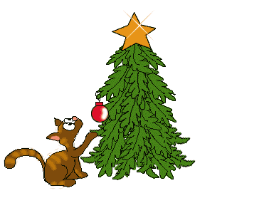 A cartoon brown cat hangs a red ornament on a green Christmas tree topped with a golden star.