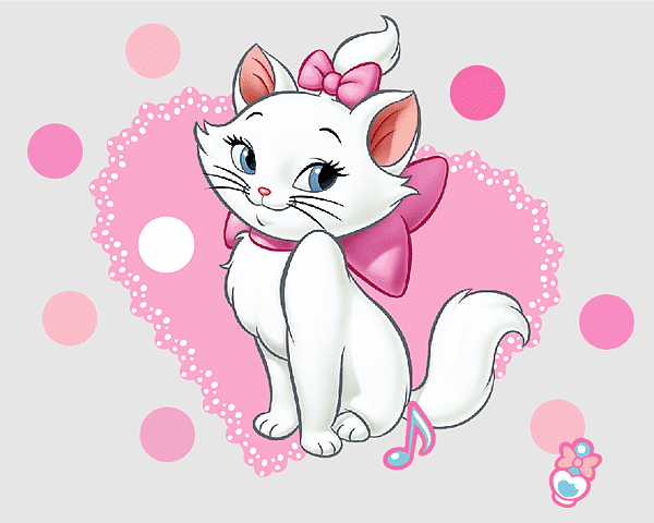 White cartoon kitten with pink bow and heart background, Disney-style illustration.