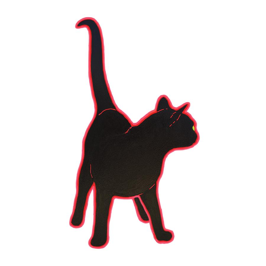 Black cat silhouette with vibrant red outline and glowing green eye, standing alert in profile view.