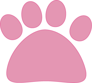 Pink stylized paw print icon with four toe pads and a large metacarpal pad, isolated on white background.