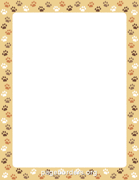 Decorative paw print border frame in beige with brown, tan, and white animal prints around a blank white center.