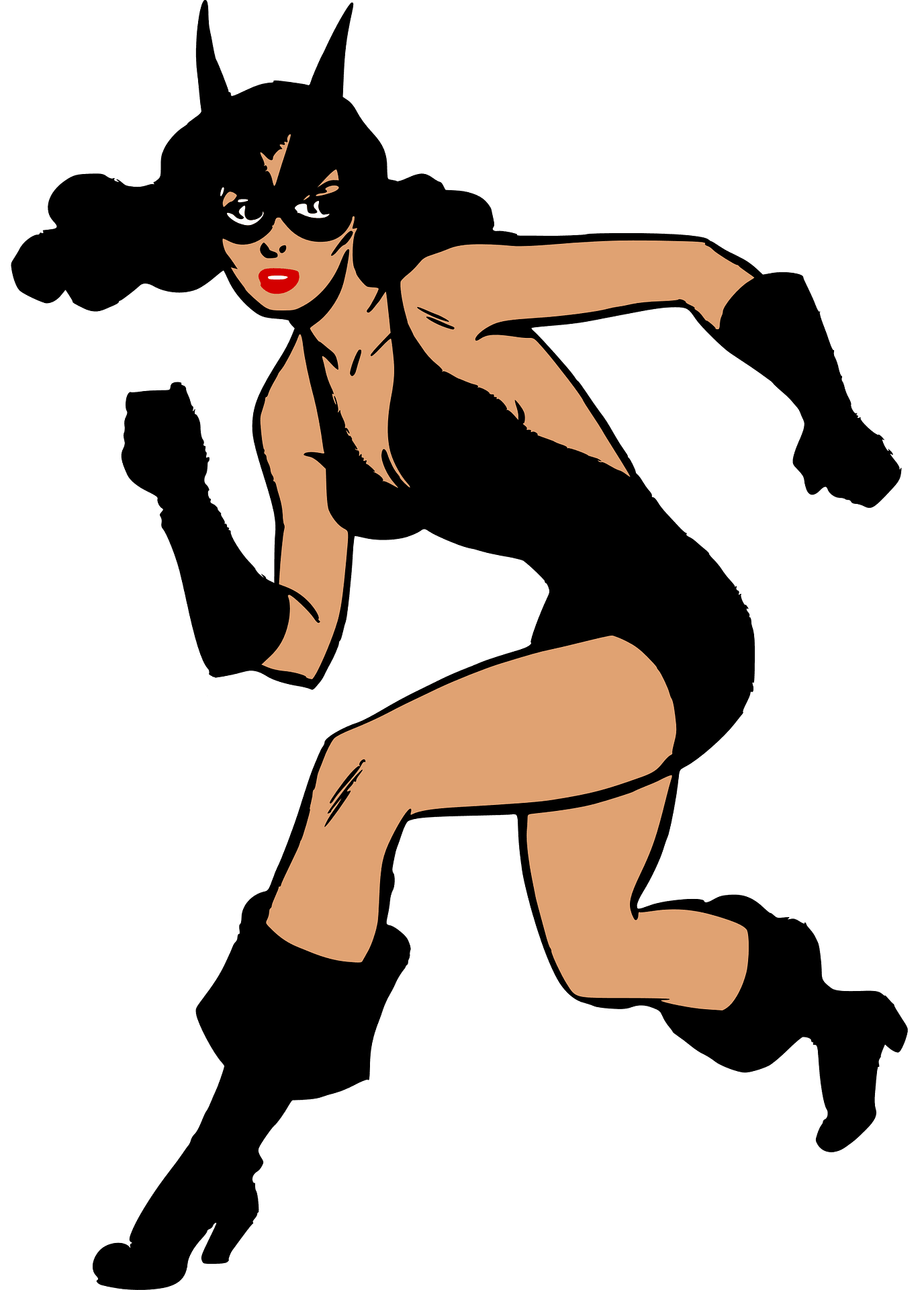 A stylized female superhero in a black catsuit with pointed ears, running dynamically against a teal background.