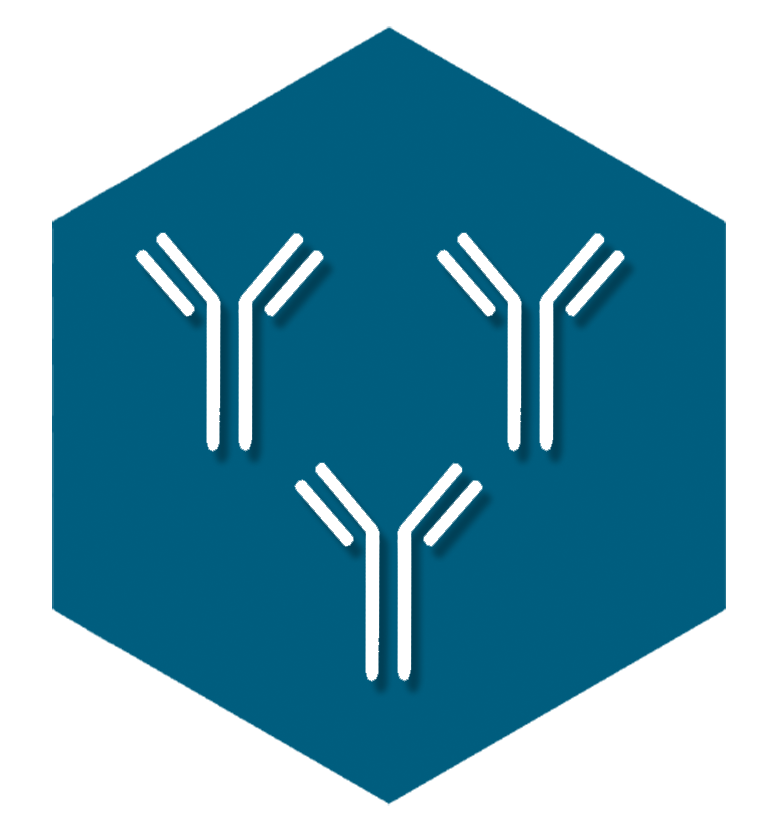 Three white Y-shaped antibody icons on a teal background, symbolizing immune response or biotechnology.