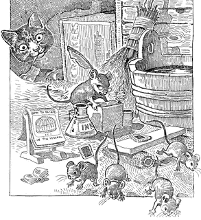 A curious cat watches a group of mice conducting chaotic experiments with beakers, books, and lab equipment in a cluttered workshop.