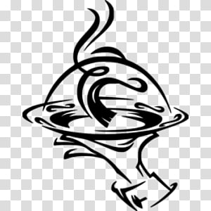 Stylized black-and-white illustration of a steaming cloche with swirling steam and elegant curves.