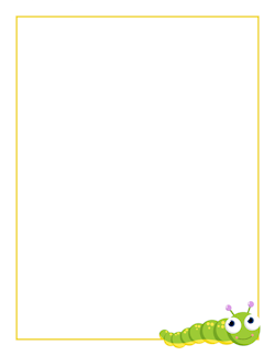 Friendly green cartoon caterpillar with big eyes and pink antennae in bottom-right corner of a yellow-bordered frame.