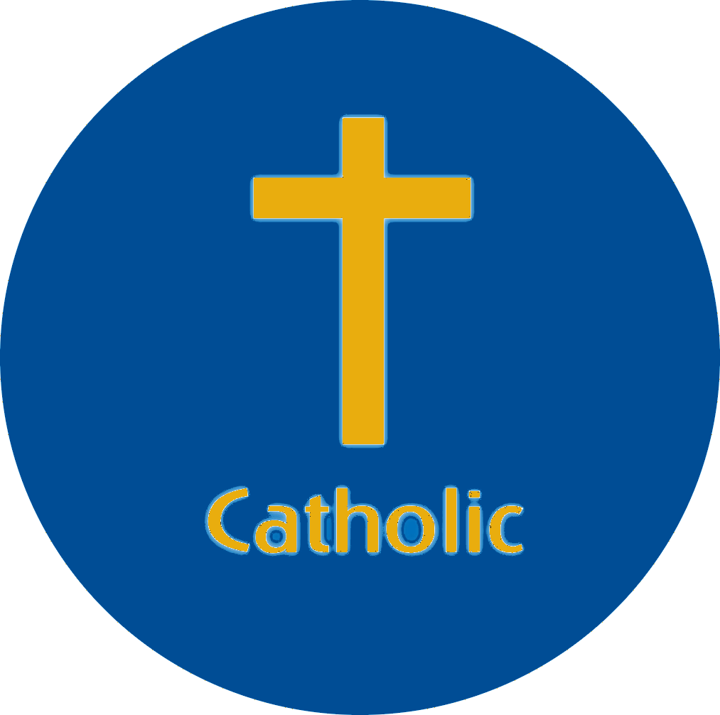 Blue circular icon with a yellow Christian cross and the word "Catholic" below it.