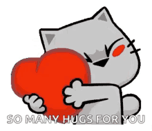 Gray cartoon cat hugging a large red heart with joyful expression and text "SO MANY HUGS FOR YOU"