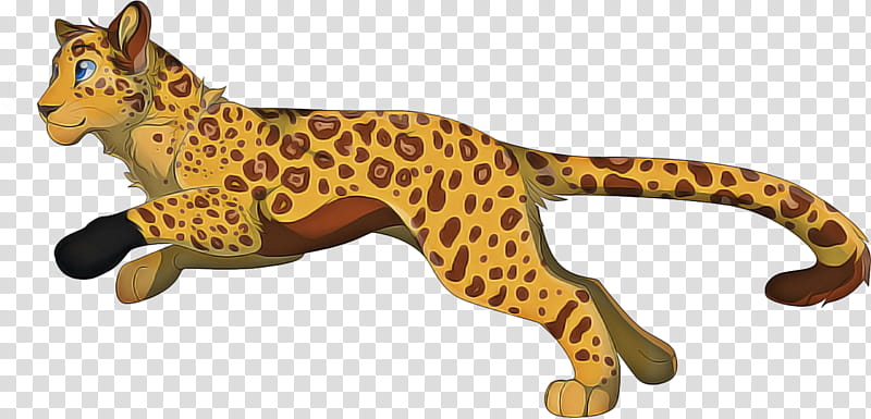 Stylized animated cheetah with blue eyes and spotted golden fur leaping mid-air on transparent background.