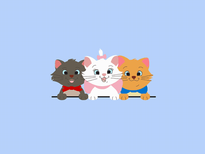 Three cartoon kittens-gray, white, and orange-peeking over a railing with cheerful expressions.