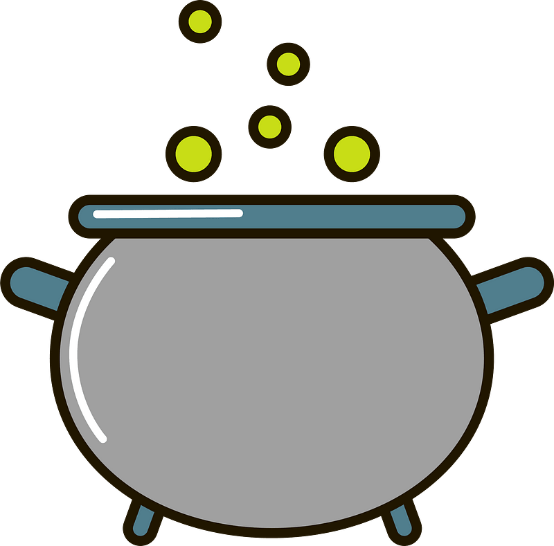 A cartoon-style cauldron with bubbling yellow potion bubbles rising from it against a teal background.