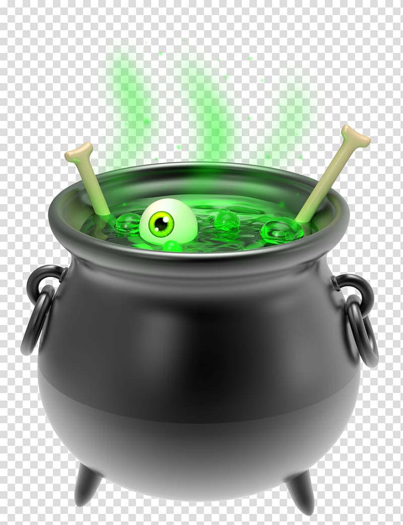 Black cauldron with bubbling green potion, floating eyeball, and bones-Halloween-themed witch’s brew.