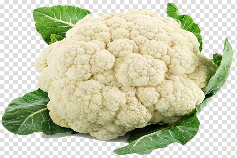 Fresh whole cauliflower head with green leaves on transparent background