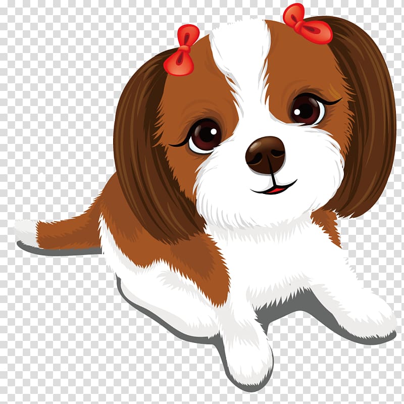 Cute cartoon puppy with brown and white fur, wearing two red bows on its ears, sitting playfully.