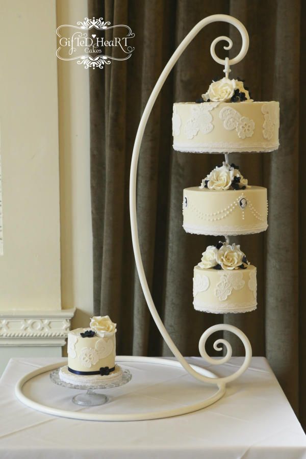 Ivory Lace Wedding Cake on Curved Tiered Stand | GifteD HeaRT Cakes