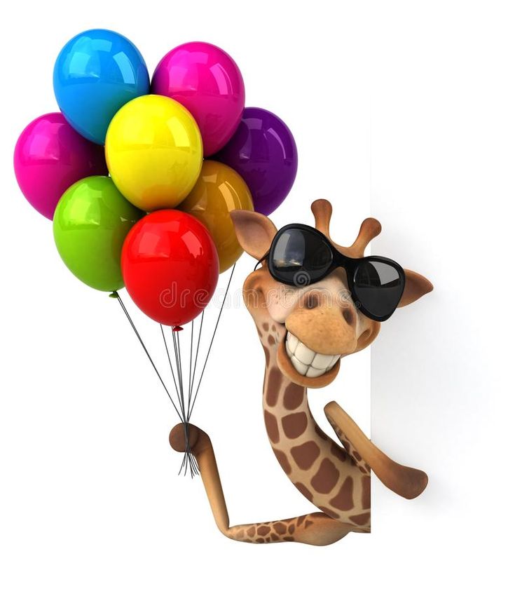 Fun cartoon giraffe wearing sunglasses and holding colorful balloons against white background.