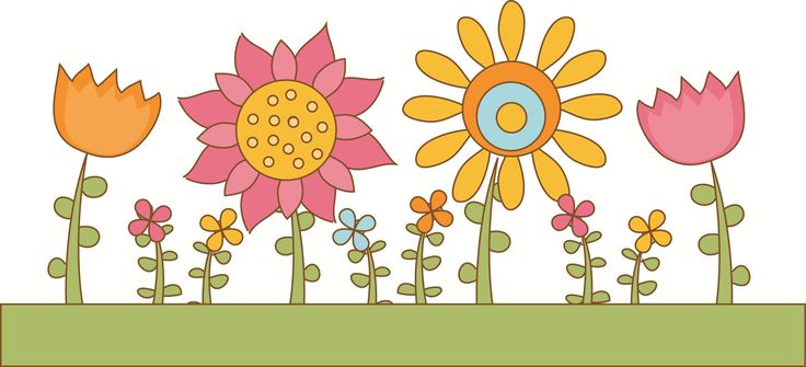 Colorful cartoon-style flowers in a row on green grass, including sunflowers, tulips, and daisies in pink, orange, yellow, and blue.
