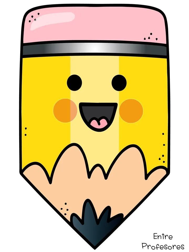 Cheerful cartoon pencil with pink eraser, smiling face, and sharpened tip.