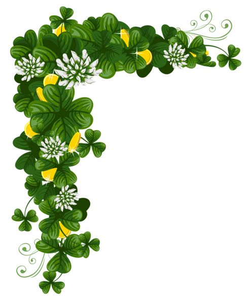 Decorative L-shaped border of green shamrocks, white clover blossoms, and yellow accents with elegant swirls.