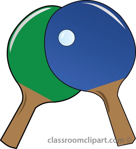 Two colorful ping pong paddles (green and blue) crossed with a white ball on the blue paddle.