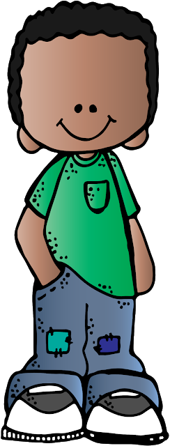 Smiling cartoon boy with curly hair, green shirt, patched jeans, and sneakers.