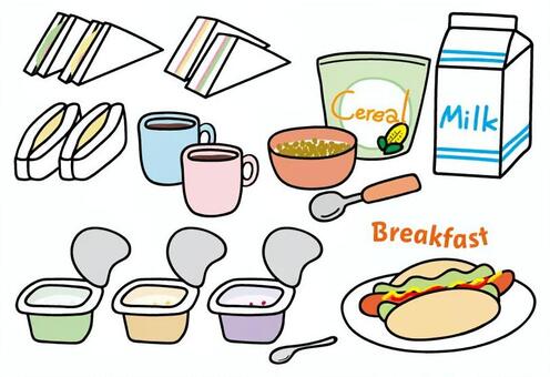 Illustrated breakfast items including sandwiches, cereal, milk, yogurt, coffee, and a hot dog.