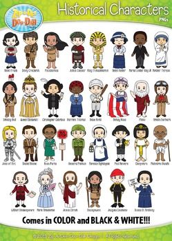 Collection of 30 illustrated historical characters in color and black & white, including Cleopatra, Einstein, Gandhi, and Shakespeare.