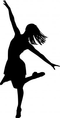 Silhouette of a female dancer mid-leap, arms extended, hair flowing, wearing a short dress and ballet shoes.