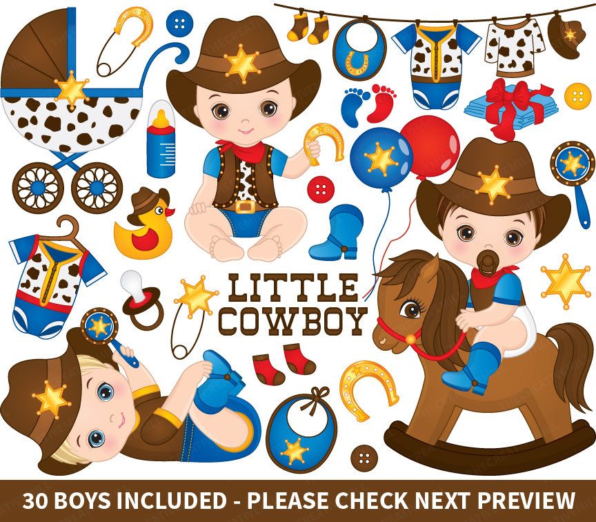 Cute cartoon baby boys in cowboy outfits with hats, boots, rocking horse, bibs, and western-themed baby items.