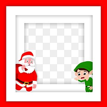 Santa Claus and a surprised elf peeking from opposite corners of a white photo frame with red border.
