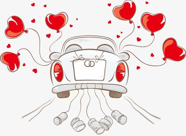 A vintage white wedding car decorated with heart-shaped balloons and rings, celebrating love and marriage.
