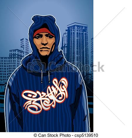 Hooded urban streetwear figure with graffiti-style logo against city skyline backdrop.