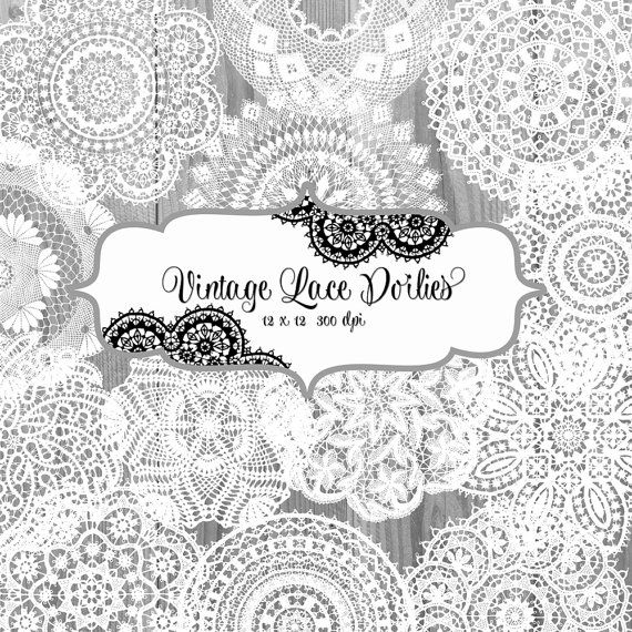 Vintage lace doilies in black and white, intricate floral patterns on wooden background, 12×12 inch, 300 dpi digital clipart.