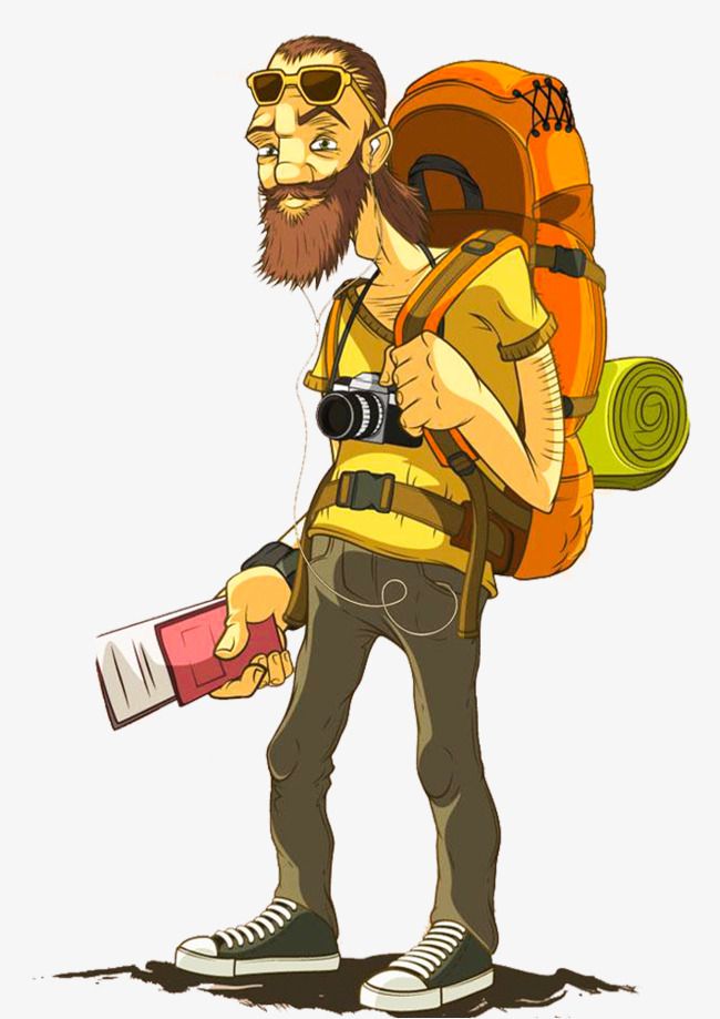 Bearded traveler with orange backpack, camera, passport, and sunglasses, ready for adventure.
